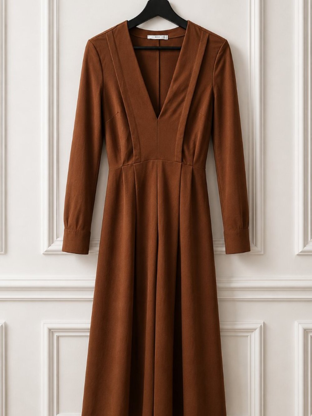 Mango Brown A-Line Midi Dress with Long Sleeves | XS | Minimalist Deep V-Neck